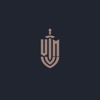 VM logo monogram with sword and shield style design template vector