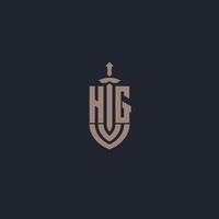 monograma del logotipo hg con plantilla de diseño de estilo espada y escudo vector