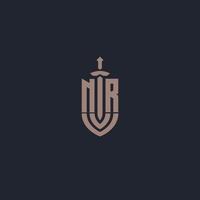 monograma del logotipo nr con plantilla de diseño de estilo espada y escudo vector