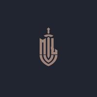 ML logo monogram with sword and shield style design template vector