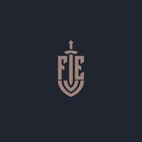 FE logo monogram with sword and shield style design template vector