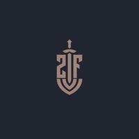 ZF logo monogram with sword and shield style design template vector