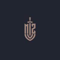 MZ logo monogram with sword and shield style design template vector