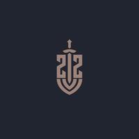ZZ logo monogram with sword and shield style design template vector