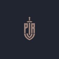 monograma de logotipo pr con plantilla de diseño de estilo espada y escudo vector