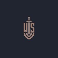 WS logo monogram with sword and shield style design template vector