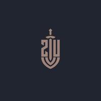 ZU logo monogram with sword and shield style design template vector