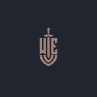 WE logo monogram with sword and shield style design template vector
