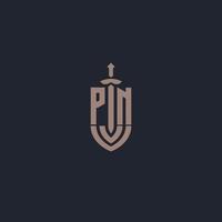 PN logo monogram with sword and shield style design template vector