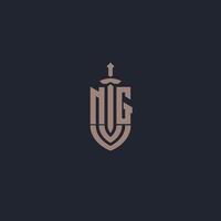 NG logo monogram with sword and shield style design template vector