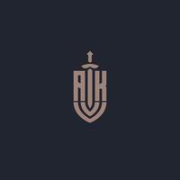 AK logo monogram with sword and shield style design template vector