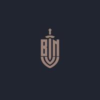 BN logo monogram with sword and shield style design template vector