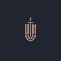 UM logo monogram with sword and shield style design template vector