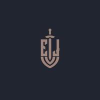 monograma del logotipo ej con plantilla de diseño de estilo espada y escudo vector