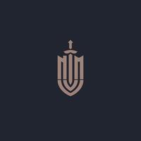 NM logo monogram with sword and shield style design template vector