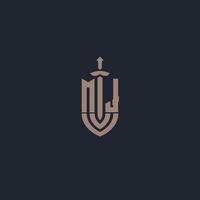MJ logo monogram with sword and shield style design template vector