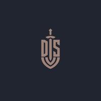 DS logo monogram with sword and shield style design template vector