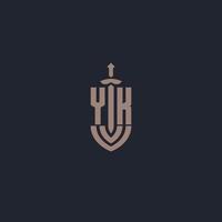 YK logo monogram with sword and shield style design template vector