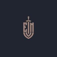 EN logo monogram with sword and shield style design template vector