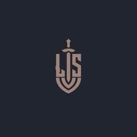 LS logo monogram with sword and shield style design template vector