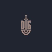 monograma del logotipo dg con plantilla de diseño de estilo espada y escudo vector