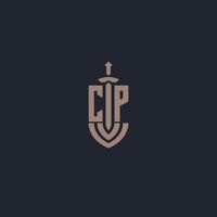 monograma del logotipo cp con plantilla de diseño de estilo espada y escudo vector