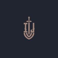 IJ logo monogram with sword and shield style design template vector