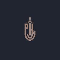 PL logo monogram with sword and shield style design template vector