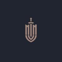 MN logo monogram with sword and shield style design template vector