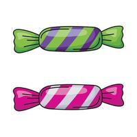 Vector simple isolated illustration of two sweet candies in a bright shiny striped wrapper.