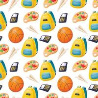 Vector seamless cartoon pattern with childrens school supplies, a backpack and a basketball.