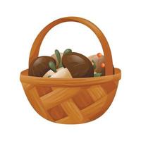 Vector isolated autumn illustration of a wicker wood basket with forest mushrooms, a twig with berries and leaves.