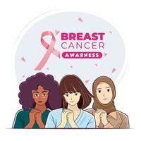 mes de concientización sobre el cáncer de mama grupo de mujeres con cinta de apoyo rosa ilustración vectorial descarga profesional vector