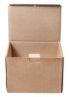 front view of open cardboard box isolated photo