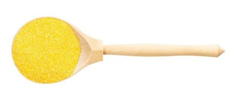 top view of wood spoon with polenta fine cornmeal photo