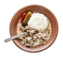 fork in Beef Stroganoff dish on plate isolated photo