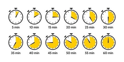 Stopwatch set. Stopwatch counts down to minutes. Sort by time vector