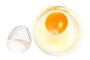 top view of broken egg in glass bowl and shell photo