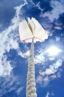 book tied on rope soars into dark sky photo