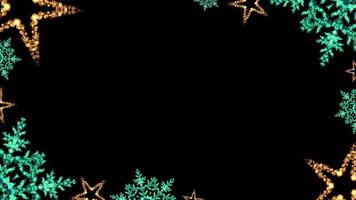 Christmas Stars and Snowflakes Glitter Lights Frame Loop. Christmas bokeh lights effect stars and snowflakes frame against a glitter background loop in turquoise, gold and black colours.