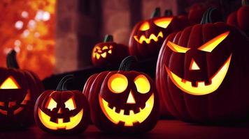 un animato Halloween stile illustrazione di multiplo lavorato Jack o'lantern zucche con vario facciale espressioni tremolante con leggero contro un arancia autunno sfondo. ai generato arte. video