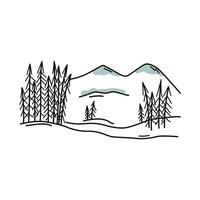 Hand drawn mountains with trees doodle style, vector illustration isolated on white background. Black lines, nature, spruces. Decorative design element