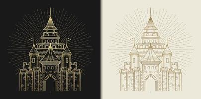 Fantasy castle of the king, golden hand drawn vector