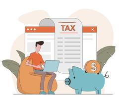 Tax. Man pays his taxes, next to receipts and piggy bank vector