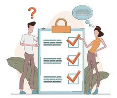 Check List. A man and a woman stand next to a clipboard and mark the completed tasks vector