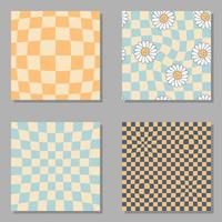 Chamomile flowers, trippy grid, wavy checkerboard seamless pattern set. vector