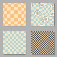 Chamomile flowers, trippy grid, wavy checkerboard seamless pattern set. vector