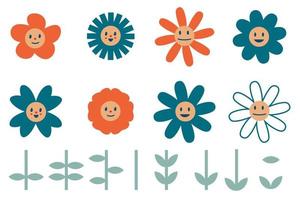 Retro style daisies flowers and leaves stickers collection. vector