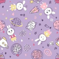 Pastel colored seamless pattern with bunnies cosmonauts in space. vector