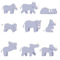 conjunto de iconos de rinoceronte, estilo de dibujos animados vector